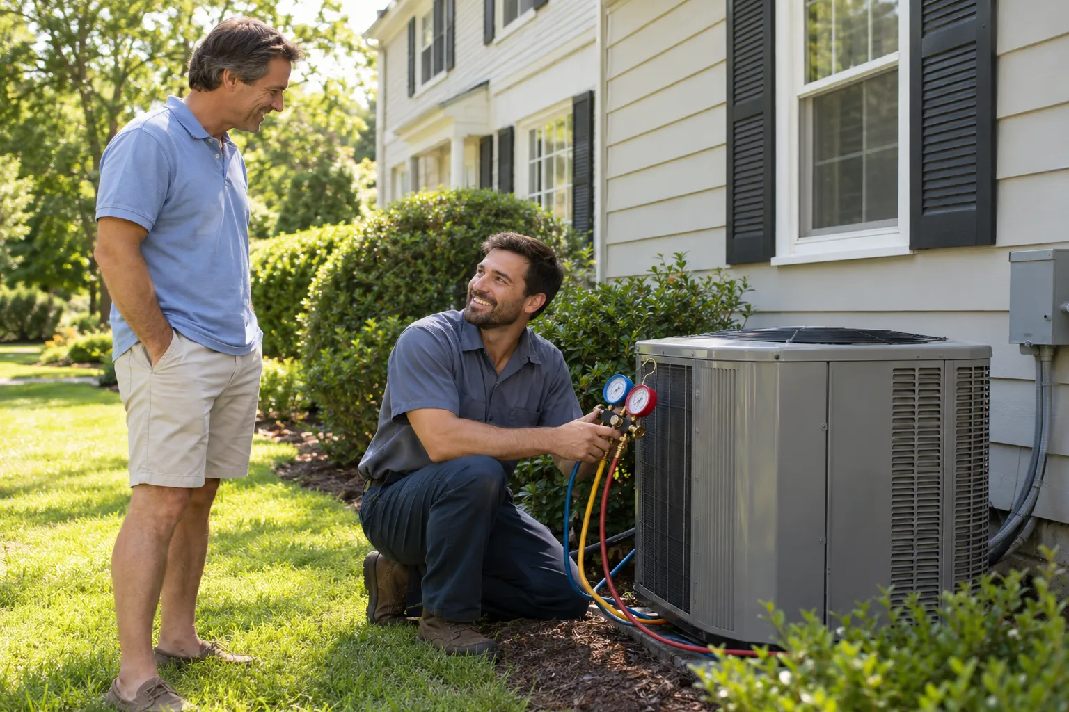 Friendly HVAC provider checking an outdoor air conditioner unit beside a colonial home in Gaithersburg