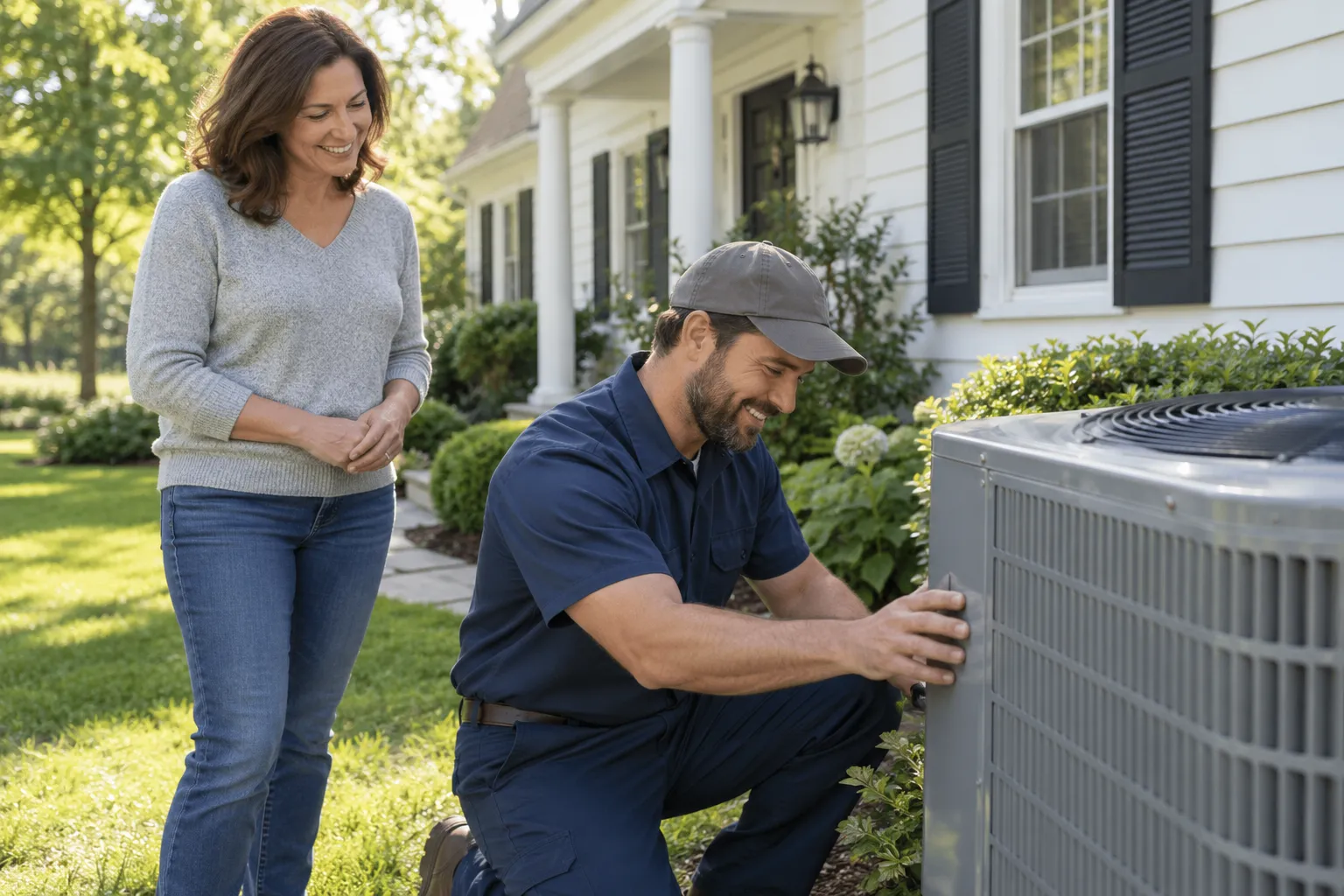 A friendly HVAC provider checking an outdoor AC unit at a Gaithersburg home